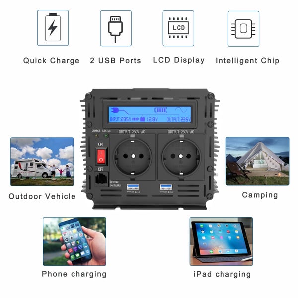 Ren sinuskurve inverter, 2500W udgangseffekt, LCD-display,12V, 220-240V, TYSKLAND
