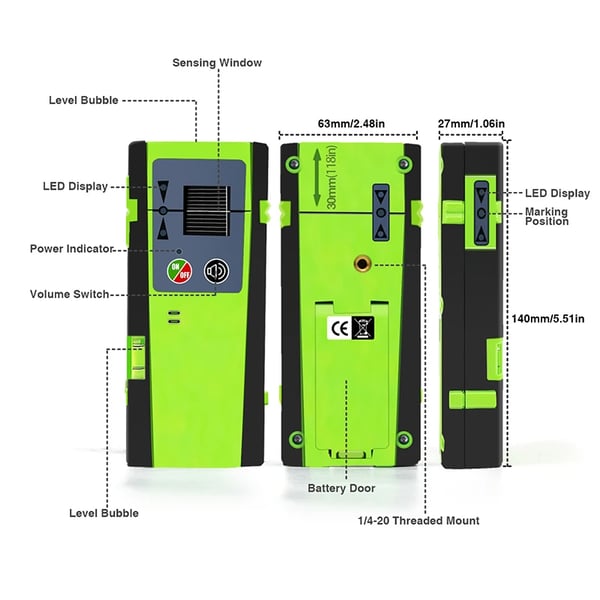 Laser Niveau Detektor, Kompatibel med Røde og Grønne Stråler, Dimensioner 21 x 11 x 10 cm, Måleområde 50 meter, Præcision ±1,5 mm, Driftstid 70 timer