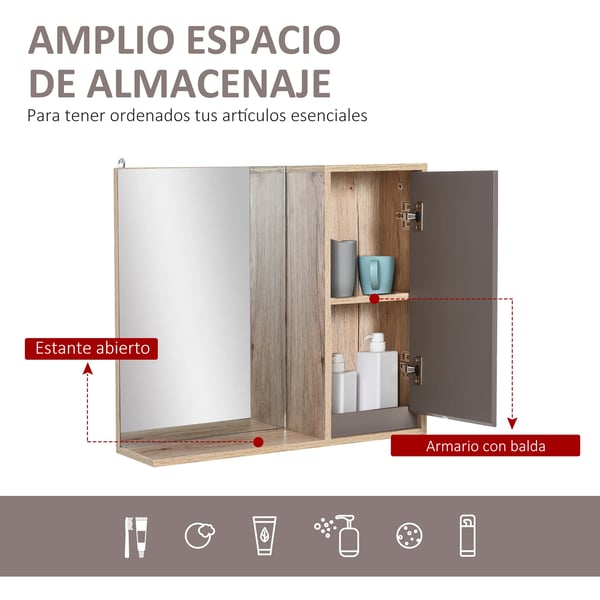 Badeværelsesskab, 57 cm x 14,2 cm x 49,2 cm, MDF-materiale, justerbar hylde, integreret spejl, monteringsmetode