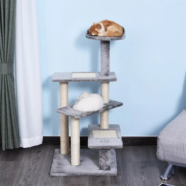 Kattträd, fyra våningar, klösyta, trämaterial, beige och grå