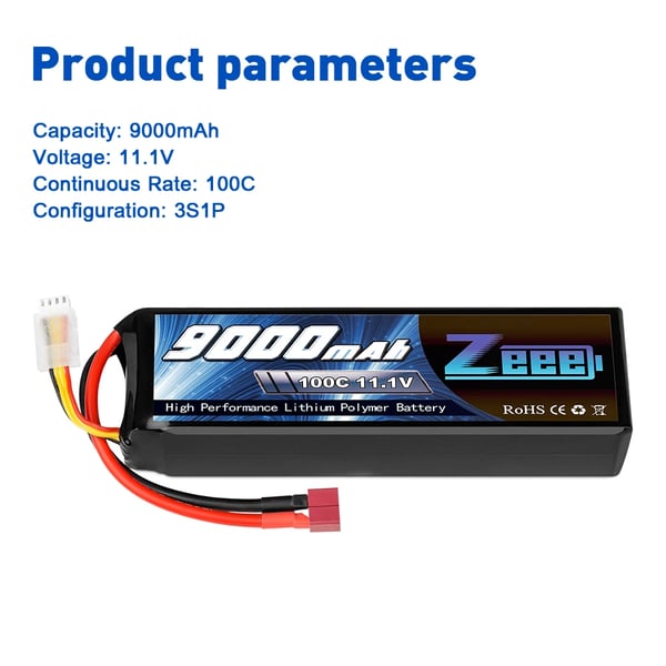 RC-batteri, 9000mAh kapacitet, 100C afladningshastighed,3S 100C 9000 T
