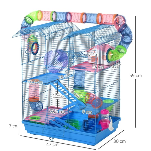 Hamsterbur, Metal- og Plastmaterialer, 47 x 30 x 59 cm Dimensioner, Multi-Niveau Design, Rørsystem, Nem Adgangsdør