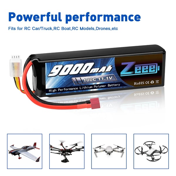 RC-batteri, 9000mAh kapacitet, 100C afladningshastighed,3S 100C 9000 T