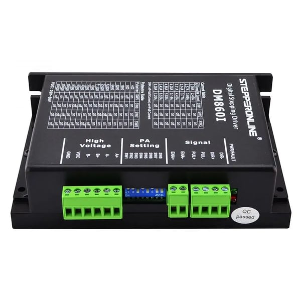 Stepper motor driver, indgangsspænding 20-80V, mikrostepping 400-51200, CE- og RoHS-certificeret.