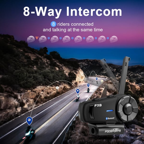Motorcykel Bluetooth-hjälm Intercom, Vattentät, 1000m Räckvidd, 900mAh Batteri, Stöder 8 Åkare, Bluetooth 5.0