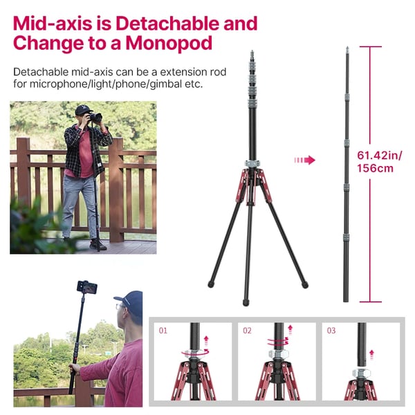 Letvægts kulfiber stativ, maks. 194cm højde, aftagelig monopod,MT-49