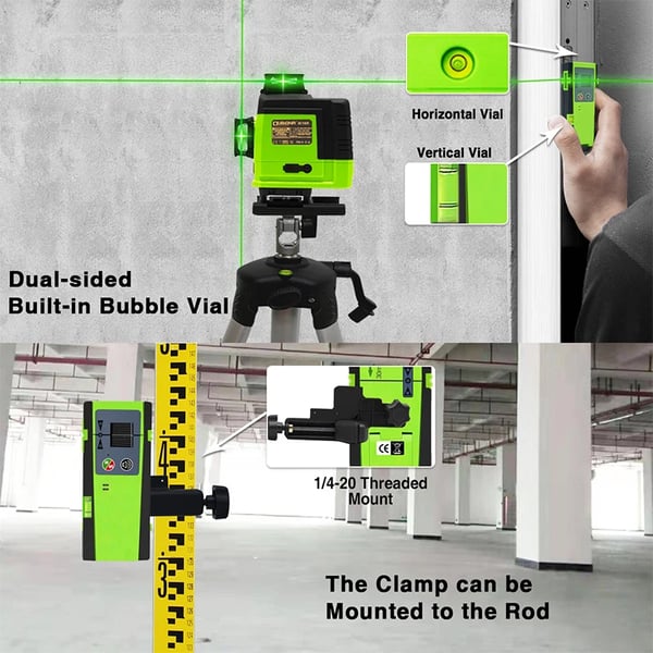 Laser Niveau Detektor, Kompatibel med Røde og Grønne Stråler, Dimensioner 21 x 11 x 10 cm, Måleområde 50 meter, Præcision ±1,5 mm, Driftstid 70 timer