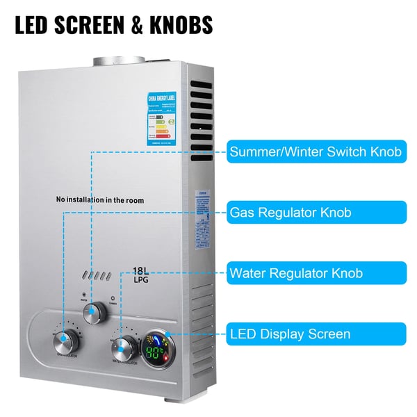 Gasvandvarmer, tankløs øjeblikkelig opvarmning 36 kW, LED-temperaturdisplay, sommer-/vintertilstand, 18 l