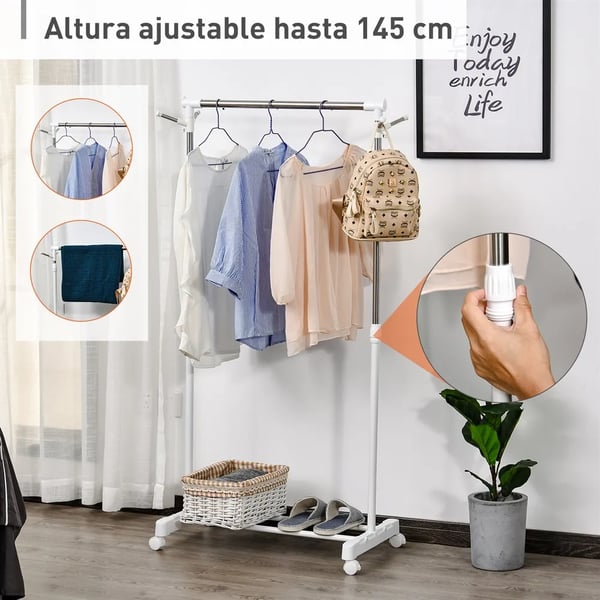 Tøjstativ, Justerbar højde 87-145 cm, Bærbar med hjul, Stålramme, Understøtter op til 40 kg, Nem montering