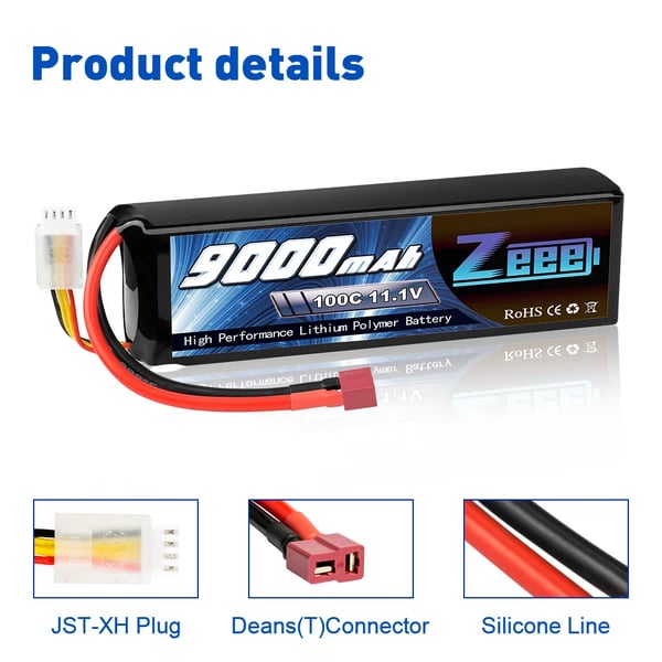 RC-batteri, 9000mAh kapacitet, 100C afladningshastighed,3S 100C 9000 T