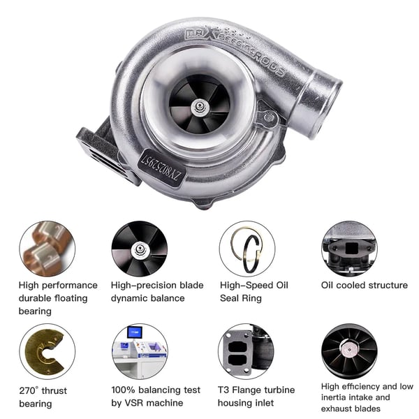 Turboahtimella, yli 600 hevosvoimaa, universaali sopivuus 1.8L-3.0L moottoreille, ductile rautarakenteinen, kaksoisruuvityyppi, kompressorin trimmi 57