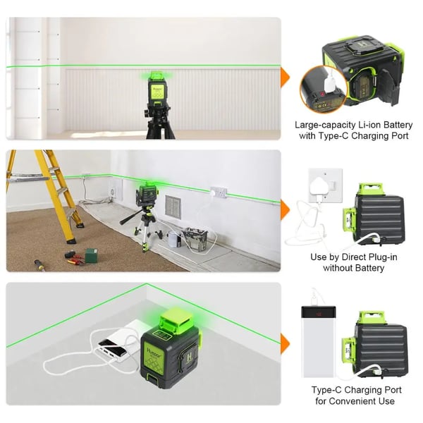 Laser Niveau, ±1/9 Tomme Præcision, 360° Projektion, IP54 Vand-/Støvmodstand, 3.7V Li-ion Batteri, Type-C Opladning
