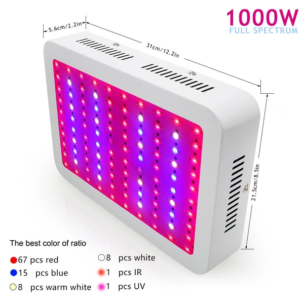 LED-kasvivalo, 1000W teho, täysivärinen spektri, AC 85-265V jännite, mitat 31cm x 21.5cm x 5.6cm, sopii hydroponiikkaan