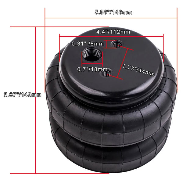 Luftaffjedringspose, Belastningskapacitet 1134 kg, Min højde 65 mm, Max højde 175 mm, Enkelt luftport 1/2 NPT, Krop diameter 145 mm
