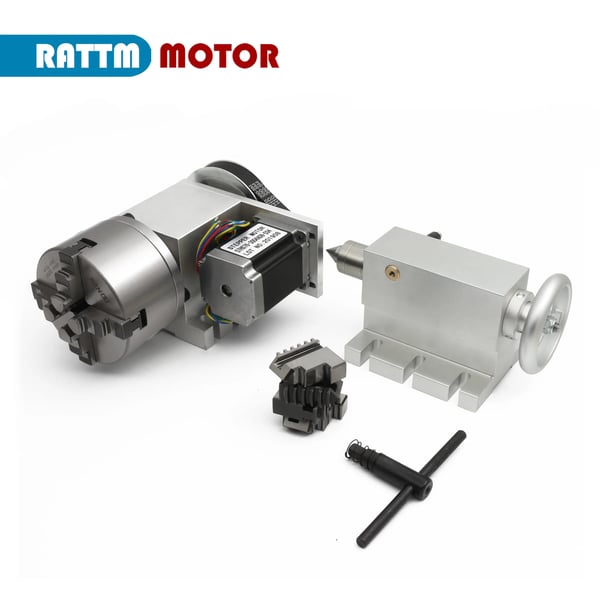 Rotationsaksel, 4-kæbet chuck, 2-faset steppermotor, centerhøjde 65 mm, total højde 115 mm