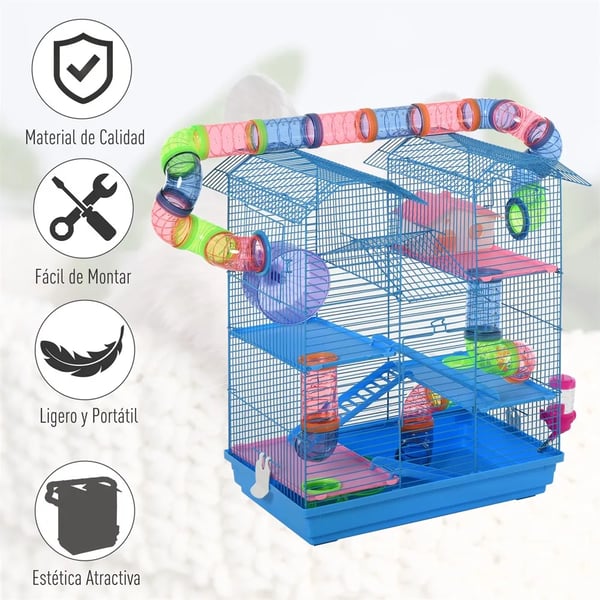 Hamsterbur, Metal- og Plastmaterialer, 47 x 30 x 59 cm Dimensioner, Multi-Niveau Design, Rørsystem, Nem Adgangsdør