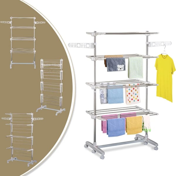 Tørrerack, Foldbart, 4 Niveauer, 80-142 x 55 x 172 cm, Plastmateriale, 6 Hjul