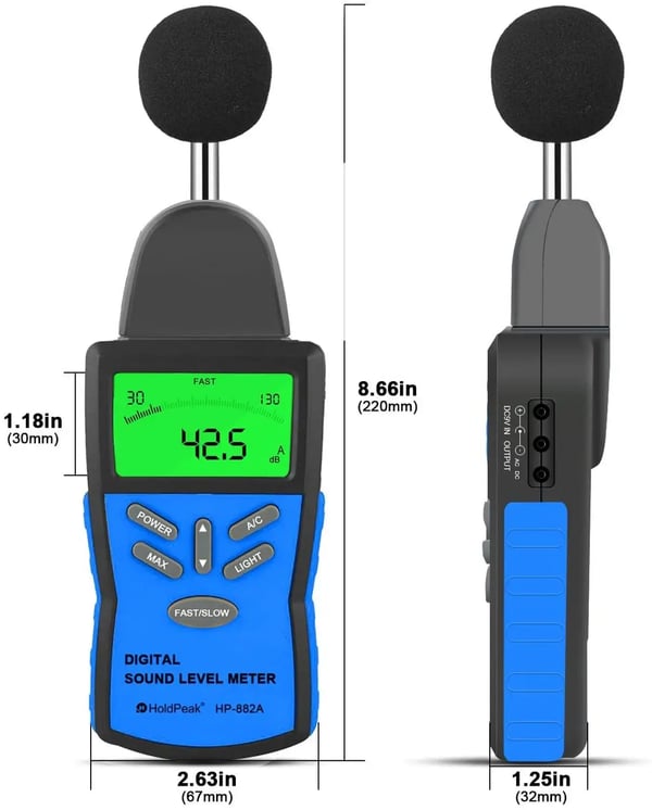 Digital lydniveau måler, måleområde 30-130 dB, LCD baggrundsbelysning