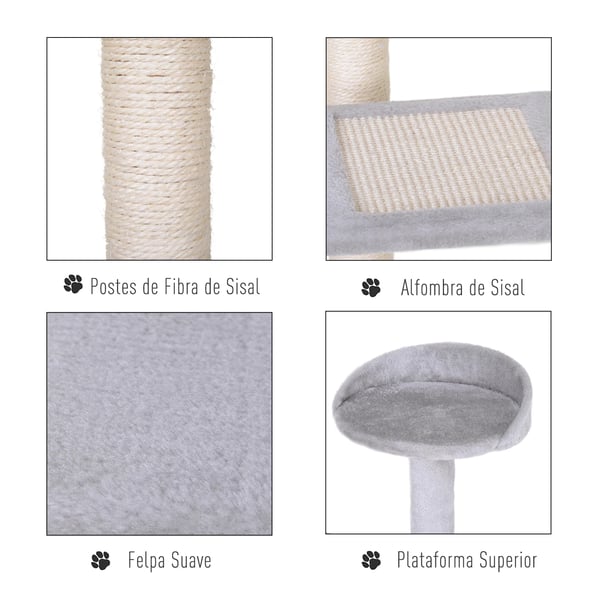 Kattträd, fyra våningar, klösyta, trämaterial, beige och grå