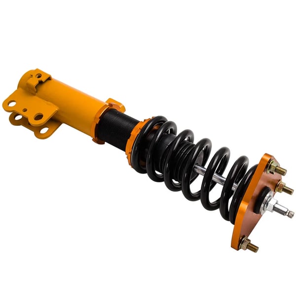 Coilover-jousitus, 24-suuntaisesti säädettävä iskunvaimennin, etujousen jäykkyys 6 kg/mm, takajousen jäykkyys 9 kg/mm, pituus 63 cm, paino 24 kg