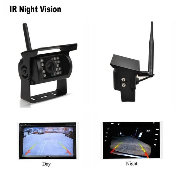 Trådløs bil backup monitor, 7 tommer, natvision op til 15m, IP67 vandtæt, kompatibel med 12V og 24V systemer, inkluderer to kameraer