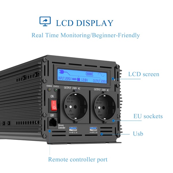 UPS Ren Sinus Inverter, Kontinuerlig Effekt 1500W, Spids Effekt 3000W,12V, 220-240V, TYSKLAND