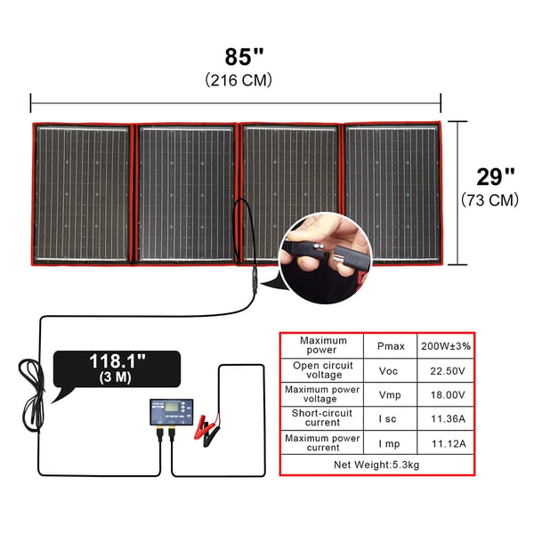 Flexibelt Fällbart Solpanel, 200W, Monokristallint Kisel, Kompakt Design,18V 200W Solpanel
