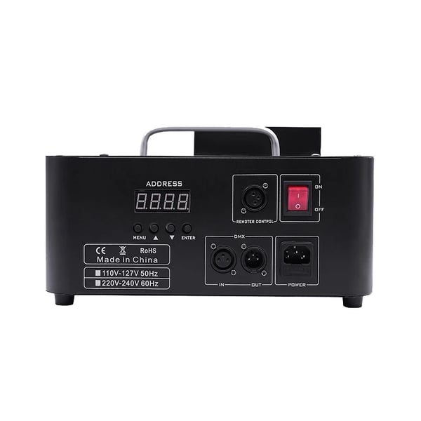 Tågemaskine, 1500W effekt, 2,5 L røgkapacitet, 4000 kubikfod/min output, 6 DMX kanaler, CE- og RoHS-certificeret