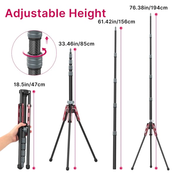 Letvægts kulfiber stativ, maks. 194cm højde, aftagelig monopod,MT-49