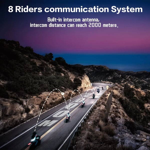 Motorcykel Intercom, Bluetooth 5.0, Stöder 8 Åkare, Vattentät Design, Bullerdämpning, Maximal Avstånd 1000m