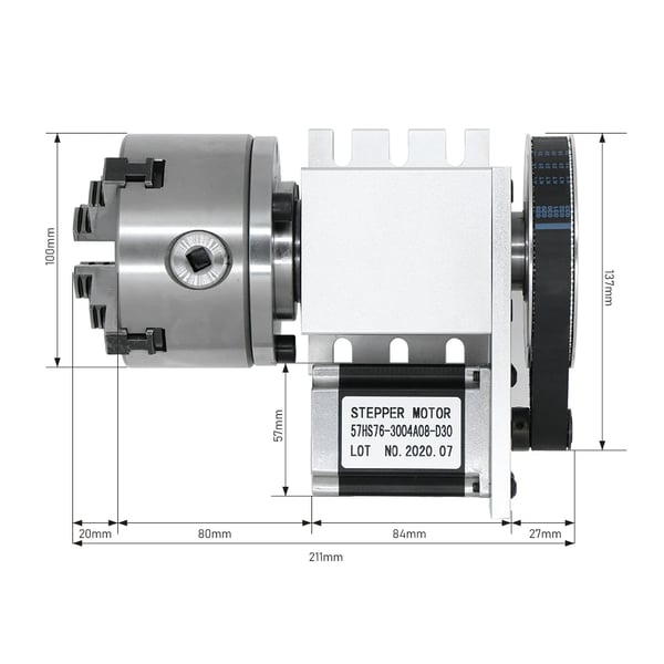 CNC 4. akse, 100 mm chuck diameter, 4 kæber, 2Nm steppermotor, spændingsområde 2-22 mm, 6:1 ratio