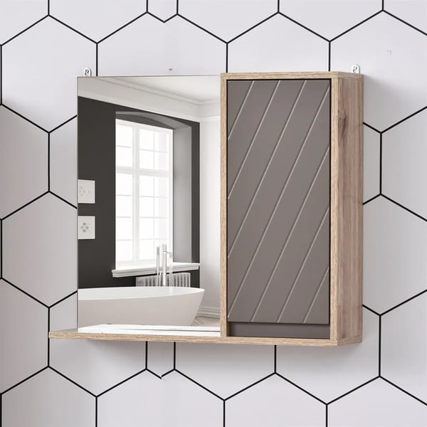 Badeværelsesskab, 57 cm x 14,2 cm x 49,2 cm, MDF-materiale, justerbar hylde, integreret spejl, monteringsmetode