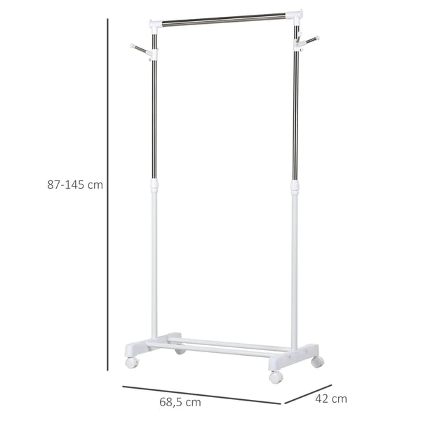 Tøjstativ, Justerbar højde 87-145 cm, Bærbar med hjul, Stålramme, Understøtter op til 40 kg, Nem montering