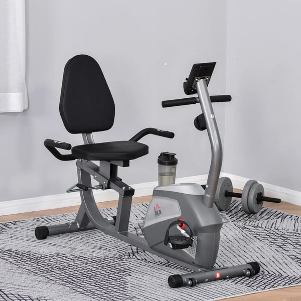 Liggende motionscykel, stålramme, 50" L x 24" B x 38" H, 8 magnetiske modstandsniveauer, LCD-skærm, understøtter brugere op til 250 lbs