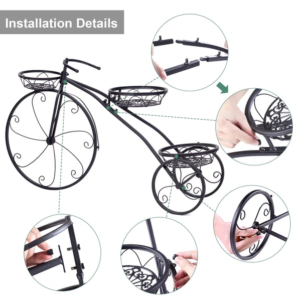 Tricycle Planteholder, 3-Niveau Design, Elegant Europæisk Stil,sort