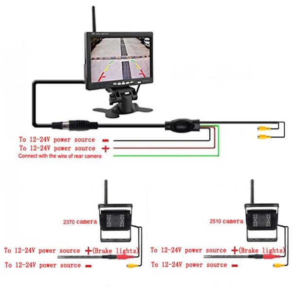 Trådløs bil backup monitor, 7 tommer, natvision op til 15m, IP67 vandtæt, kompatibel med 12V og 24V systemer, inkluderer to kameraer