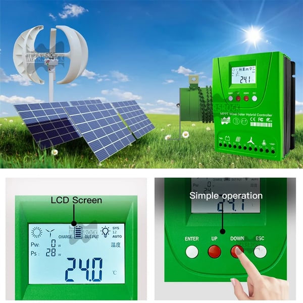 Aurinkotuulen ohjain, MPPT-tekniikka, yhteensopiva Lifepo4-akun kanssa, Tuuli1000W Aurinko1000W, Automaattinen 12V 24V, Ulkoinen Tuuli-Aurinko Hybridijärjestelmä
