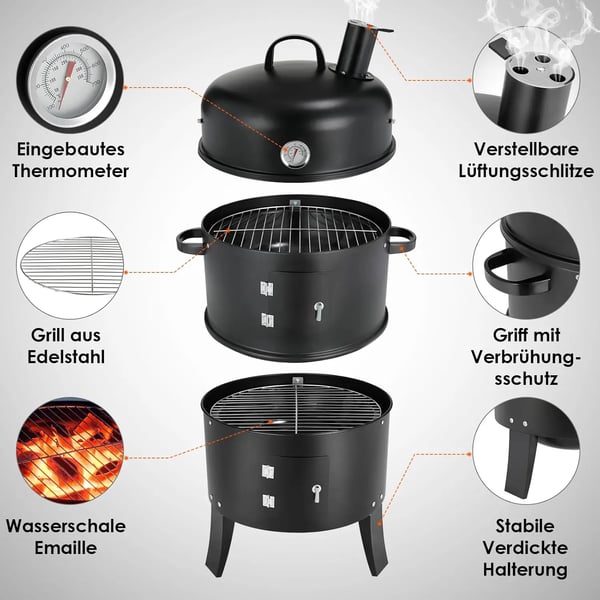 Rökargrill, Rostfritt Stål, Mått: 90 cm x 38 cm x 47 cm, Kompatibilitet: Kol och Rökningsdamm, Justerbara Ventilationsöppningar, Inbyggd Termometer