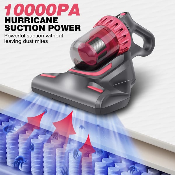 Håndholdt sengestøvsuger, 10 KPA sugekraft, 100 W effekt, 1500 mAh batteri, UV-C sterilisering, 29 x 17,5 x 21,5 CM dimensioner