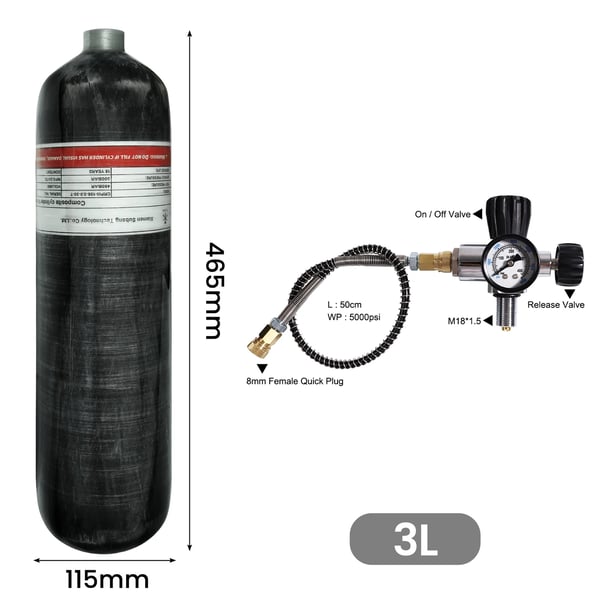 Højtrykscylinder, 3L volumen, kulfiberkonstruktion,med ventil