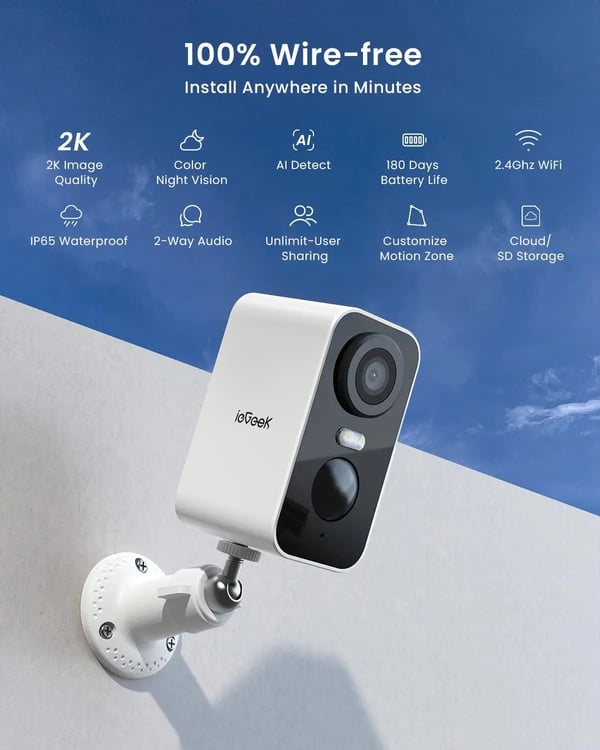 Trådløst sikkerhedskamera, 2K QHD opløsning, 10 meter nattevisionsområde, 5200mAH batteri, 128G lagringskapacitet, 360° synsvinkel