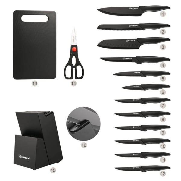 Køkkenkniv Sæt, Kulstofstål Blade, 16,3 cm Blade Længde, Non-slip PP Håndtag, 16 Stykker, Ergonomisk Design