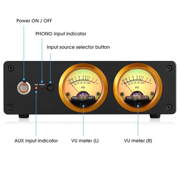 Mini Phono Preamp, Stereo RCA og Phono (MM) indgange, 3,5 mm hovedtelefonudgang, CE-certificeret, dual VU-meter, understøtter 16-300© hovedtelefoner