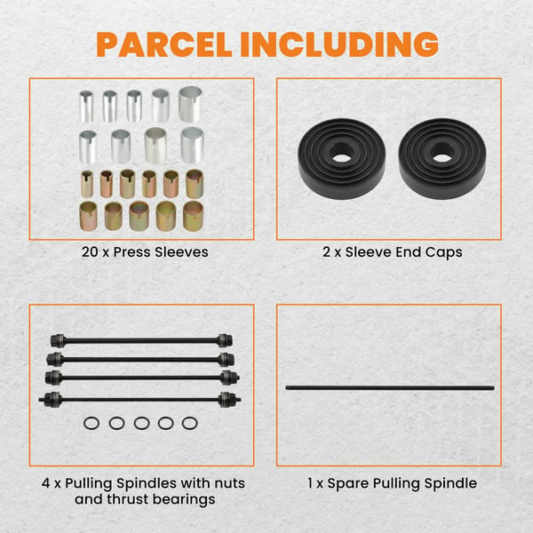 Tryktræk Sleeve Kit, 26 Stykker, Indvendig Diameter 34-72 mm, Udvendig Diameter 44-82 mm, Højtydende Stål, CE Certificeret