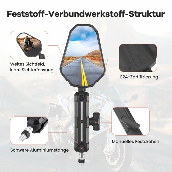Motorcykel Spejl, Vibration Modstandsdygtig, Justerbar Synsvinkel,sort
