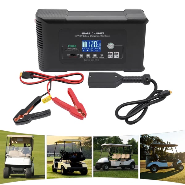 Golfkärryn akkulaturi, 36V/48V lähtö, 18A/13A virta, ABS-materiaali, 100-240V syöttö, 2m virtajohto