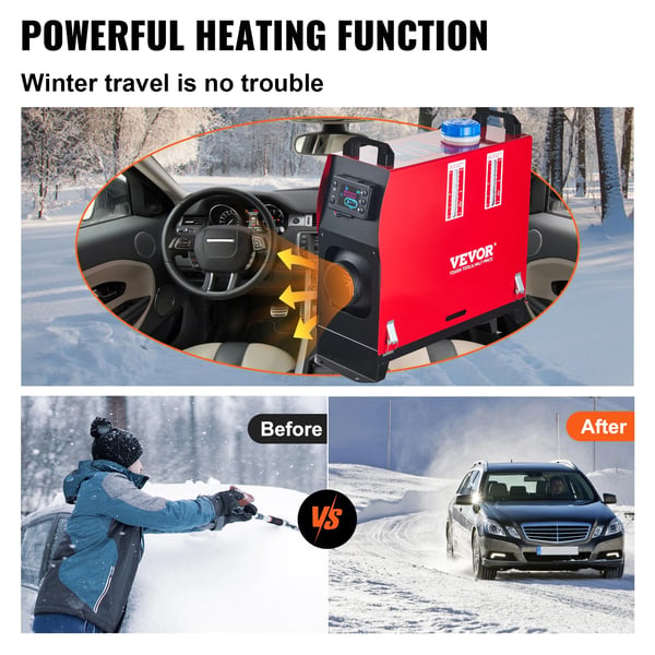 Diesel-lämmitin, 8 kW teho, 12V jännite, dieselpolttoaine, käyttö lämpötila -40℃ - +50℃, alhainen polttoaineen kulutus 0.18-0.48 L/h