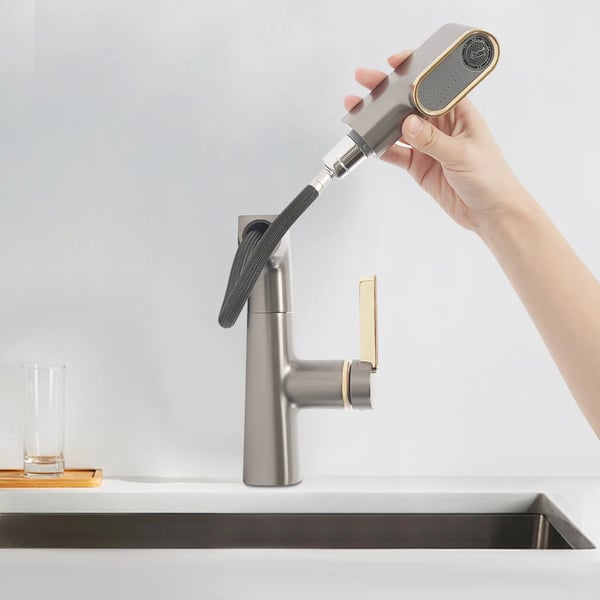 Køkken Badeværelse Vandhane, Utrækbar Spray, Tre Vandtilstande,Gunmetal Grå