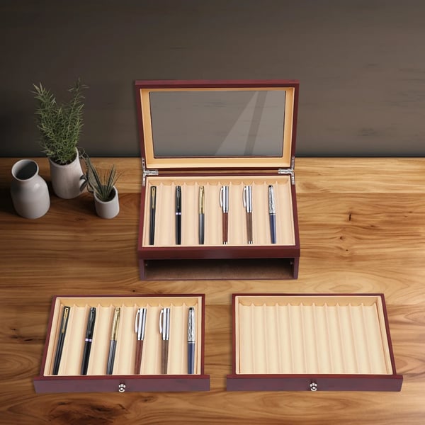 Pen Display Kasse, Støvafvisende Design, Elegant Trækonstruktion,Rød