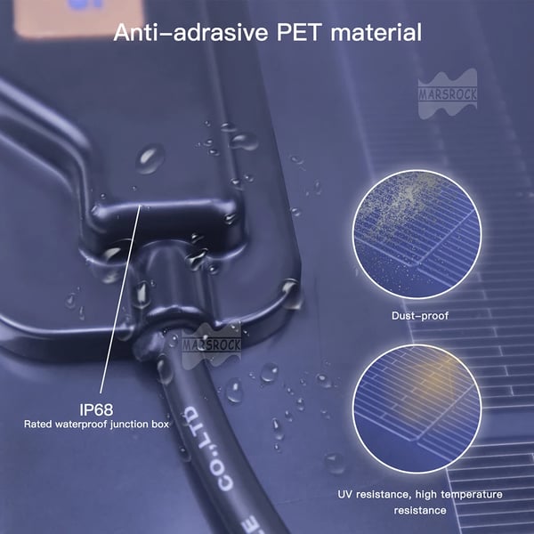21,4 % solutehokkuus, maksimi tehovirta 19,25 V, käyttö lämpötila -20 °C - +65 °C,Aurinkopaneeli, 100W